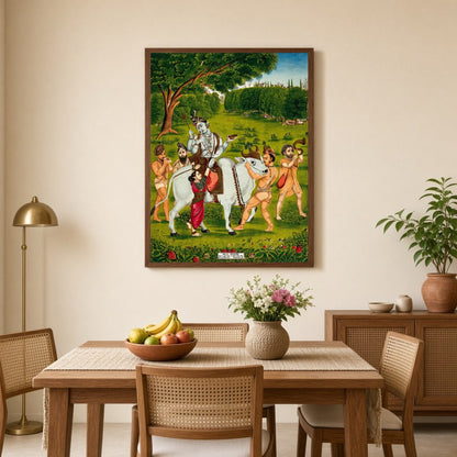 Immerse yourself in the divine journey of Lord Shiva and Goddess Parvati as they traverse a lush, for Dining