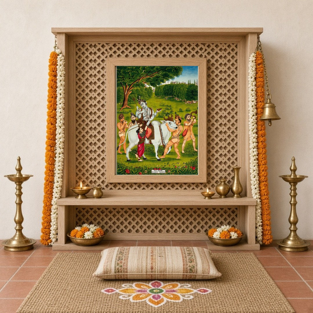 Immerse yourself in the divine journey of Lord Shiva and Goddess Parvati as they traverse a lush, for Home Temple