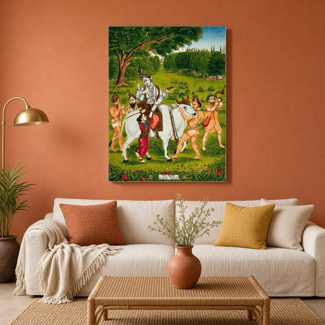 Immerse yourself in the divine journey of Lord Shiva and Goddess Parvati as they traverse a lush, for Living Room