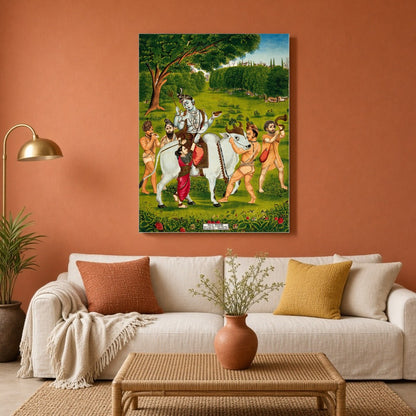 Immerse yourself in the divine journey of Lord Shiva and Goddess Parvati as they traverse a lush, for Living Room