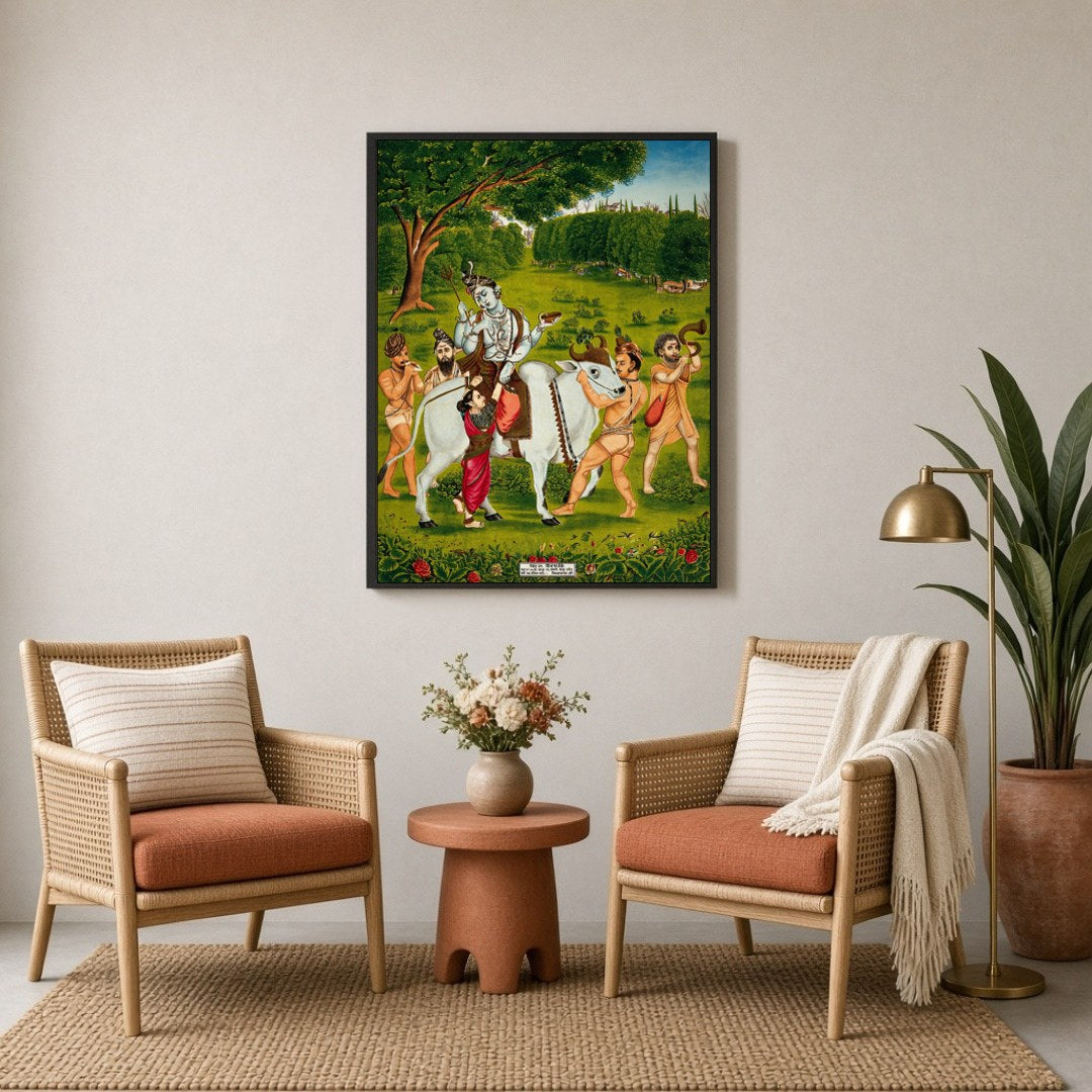 Immerse yourself in the divine journey of Lord Shiva and Goddess Parvati as they traverse a lush, for Sitting Lounge