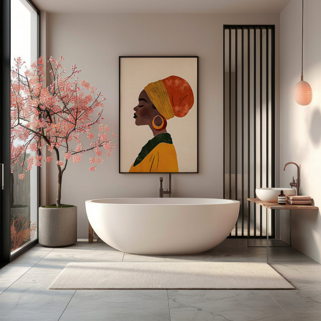 This elegant digital illustration presents a serene profile of a woman who appears to be of African… for bathroom