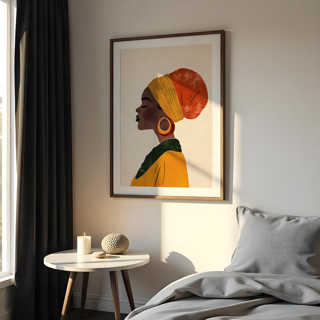 This elegant digital illustration presents a serene profile of a woman who appears to be of African… for bedroom