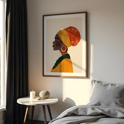 This elegant digital illustration presents a serene profile of a woman who appears to be of African… for bedroom