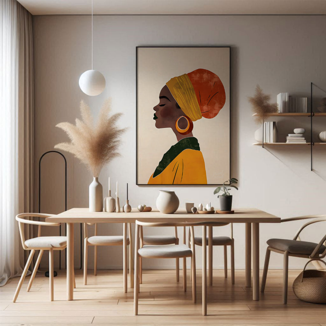 This elegant digital illustration presents a serene profile of a woman who appears to be of African… for dining room