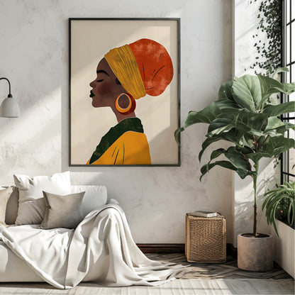 This elegant digital illustration presents a serene profile of a woman who appears to be of African… for living room