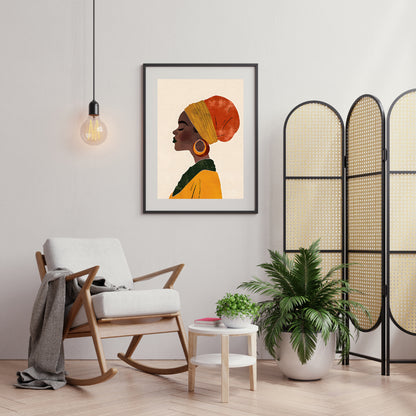 This elegant digital illustration presents a serene profile of a woman who appears to be of African… for living room