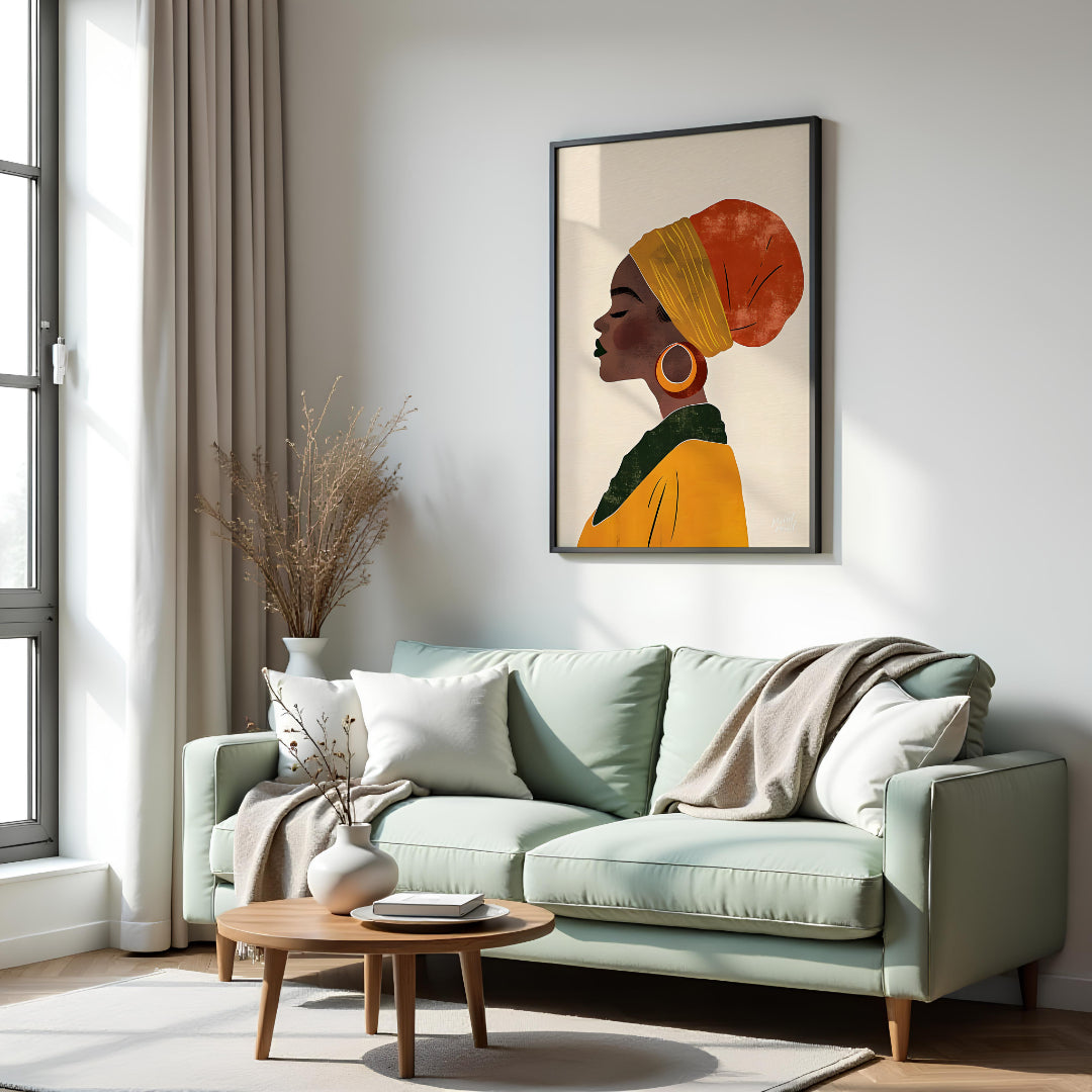 This elegant digital illustration presents a serene profile of a woman who appears to be of African… for living room
