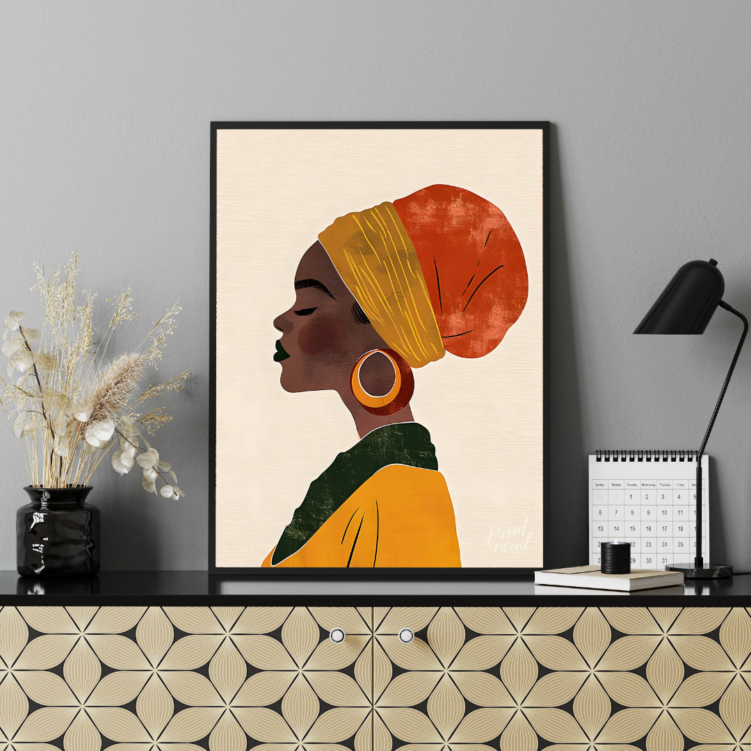 This elegant digital illustration presents a serene profile of a woman who appears to be of African… for office