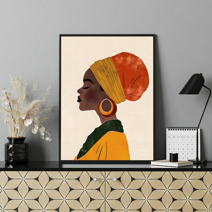 This elegant digital illustration presents a serene profile of a woman who appears to be of African… for office