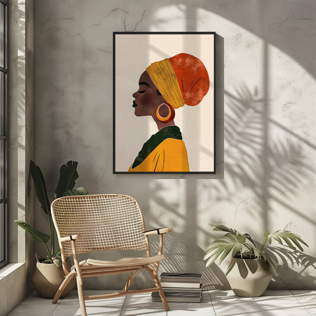 This elegant digital illustration presents a serene profile of a woman who appears to be of African… for other