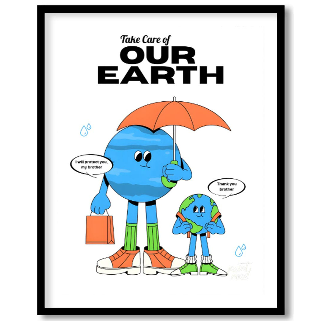 This heartwarming poster promotes environmental awareness and responsibility, featuring two anthrop… for abode