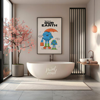 This heartwarming poster promotes environmental awareness and responsibility, featuring two anthrop… for bathroom