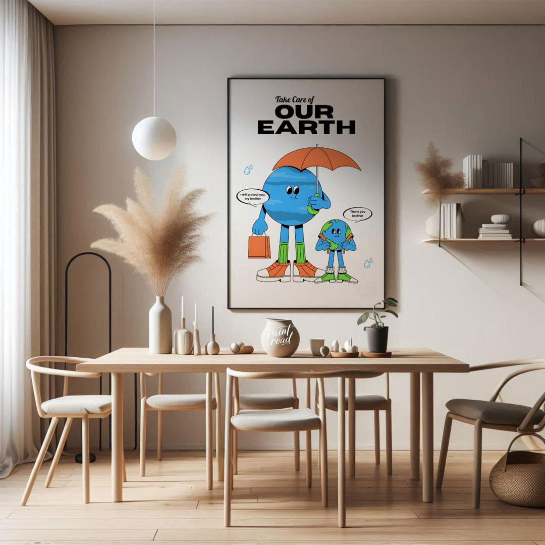 This heartwarming poster promotes environmental awareness and responsibility, featuring two anthrop… for dining room
