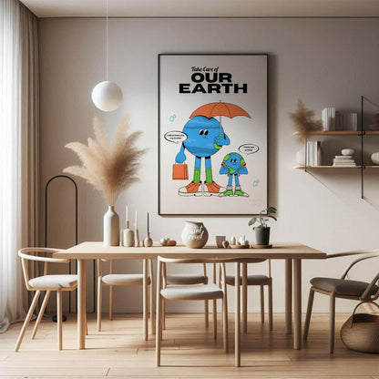 This heartwarming poster promotes environmental awareness and responsibility, featuring two anthrop… for dining room