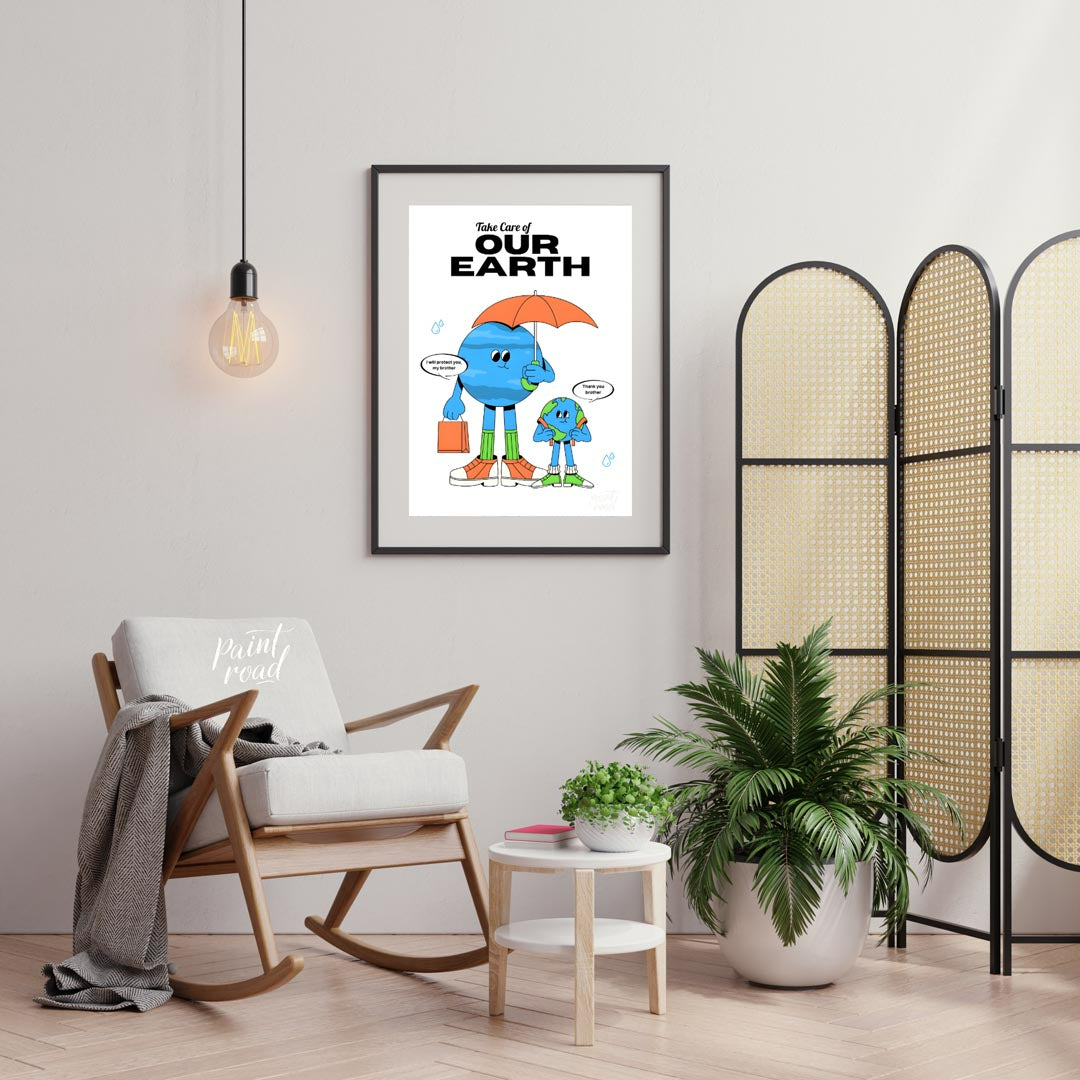 This heartwarming poster promotes environmental awareness and responsibility, featuring two anthrop… for living room