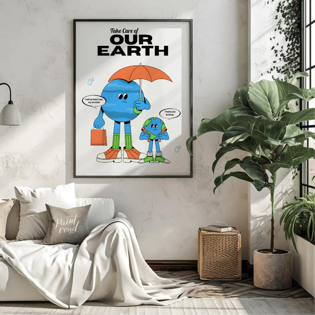 This heartwarming poster promotes environmental awareness and responsibility, featuring two anthrop… for living room