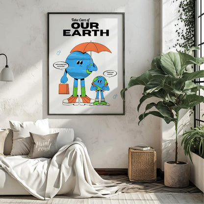This heartwarming poster promotes environmental awareness and responsibility, featuring two anthrop… for living room