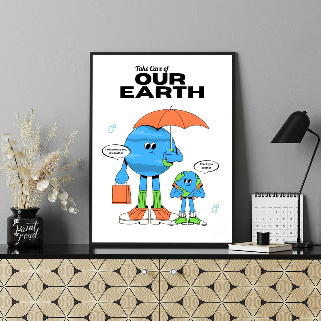 This heartwarming poster promotes environmental awareness and responsibility, featuring two anthrop… for office