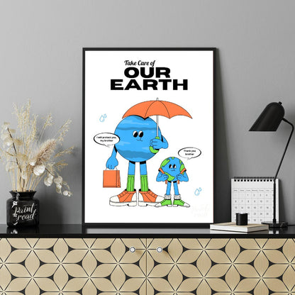 This heartwarming poster promotes environmental awareness and responsibility, featuring two anthrop… for office
