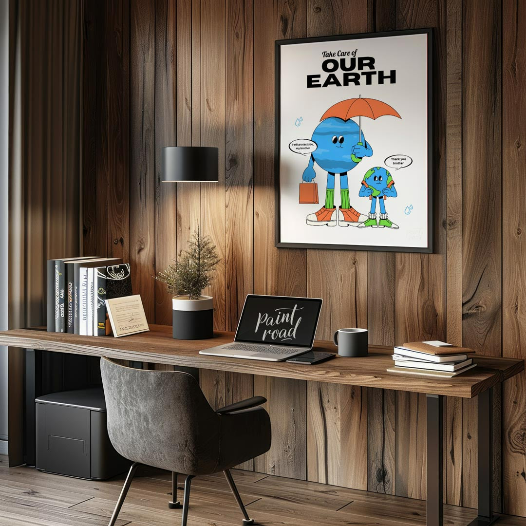 This heartwarming poster promotes environmental awareness and responsibility, featuring two anthrop… for office