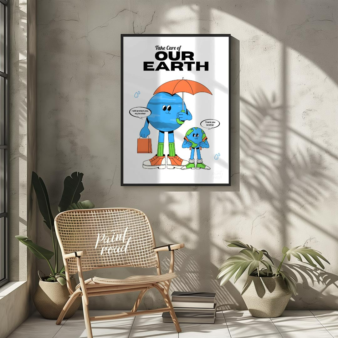 This heartwarming poster promotes environmental awareness and responsibility, featuring two anthrop… for other