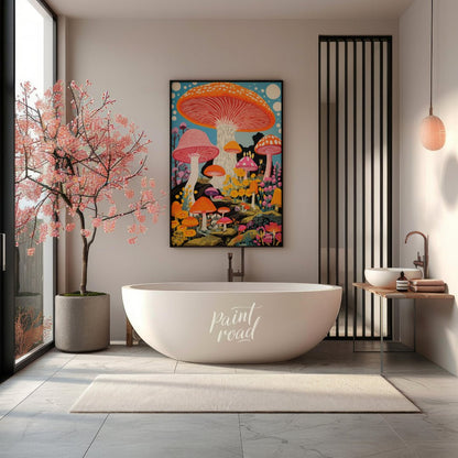 This vibrant and fantastical illustration transports the viewer into a whimsical, psychedelic mushr… for bathroom