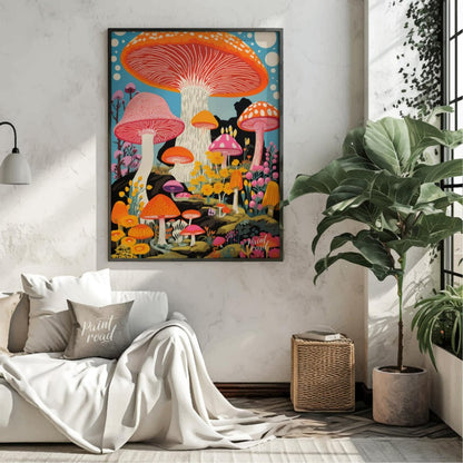This vibrant and fantastical illustration transports the viewer into a whimsical, psychedelic mushr… for living room