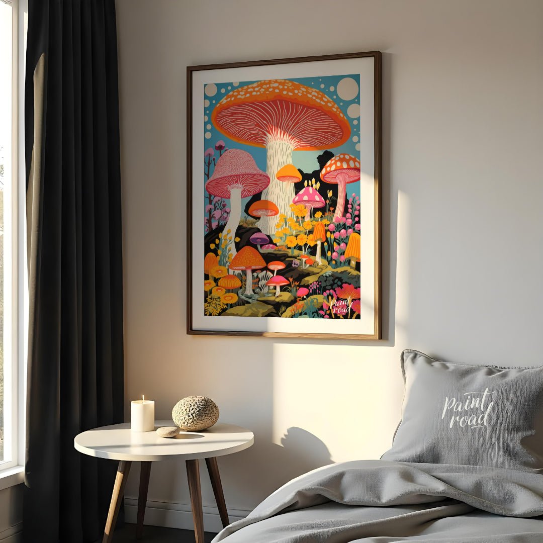 Psychedelic Mushroom Forest Painting available online at Paintroad showing blue bright pink and child’s bedroom