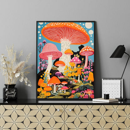 Psychedelic Mushroom Forest Painting available online at Paintroad showing blue bright pink and child’s bedroom