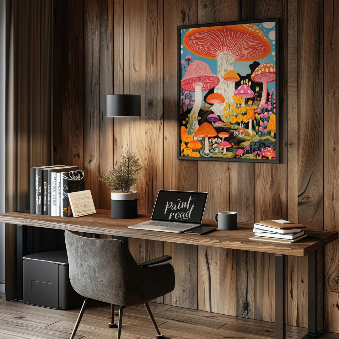 Psychedelic Mushroom Forest Painting available online at Paintroad showing blue bright pink and child’s bedroom