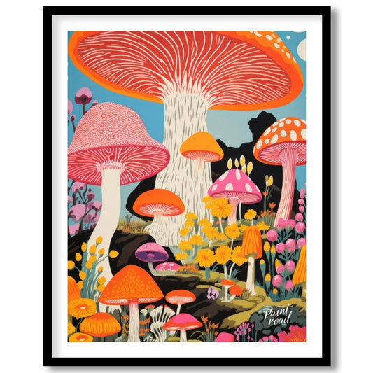 Psychedelic Mushroom Forest Painting available online at Paintroad showing blue bright pink and child’s bedroom
