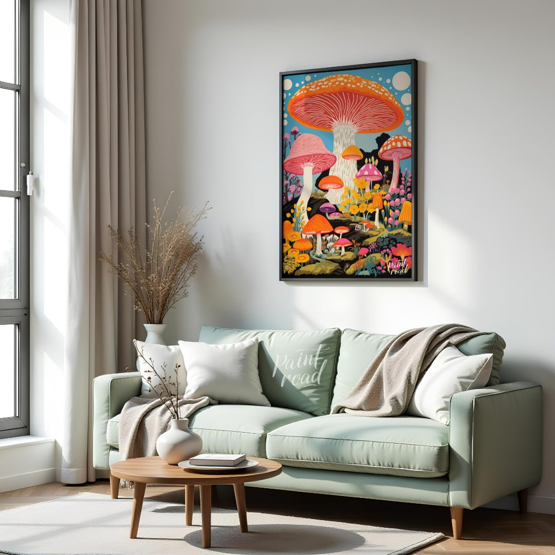 Psychedelic Mushroom Forest Painting available online at Paintroad showing blue bright pink and child’s bedroom