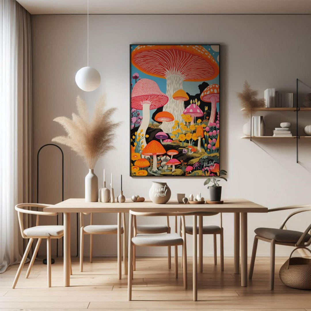 Psychedelic Mushroom Forest Painting available online at Paintroad showing blue bright pink and child’s bedroom