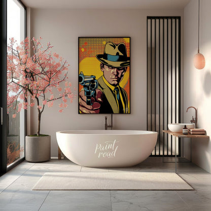 "Pulp Point" presents a stylized illustration reminiscent of classic pulp fiction or comic book art… for bathroom