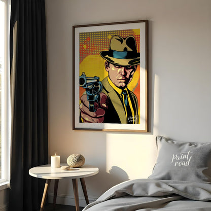 "Pulp Point" presents a stylized illustration reminiscent of classic pulp fiction or comic book art… for bedroom
