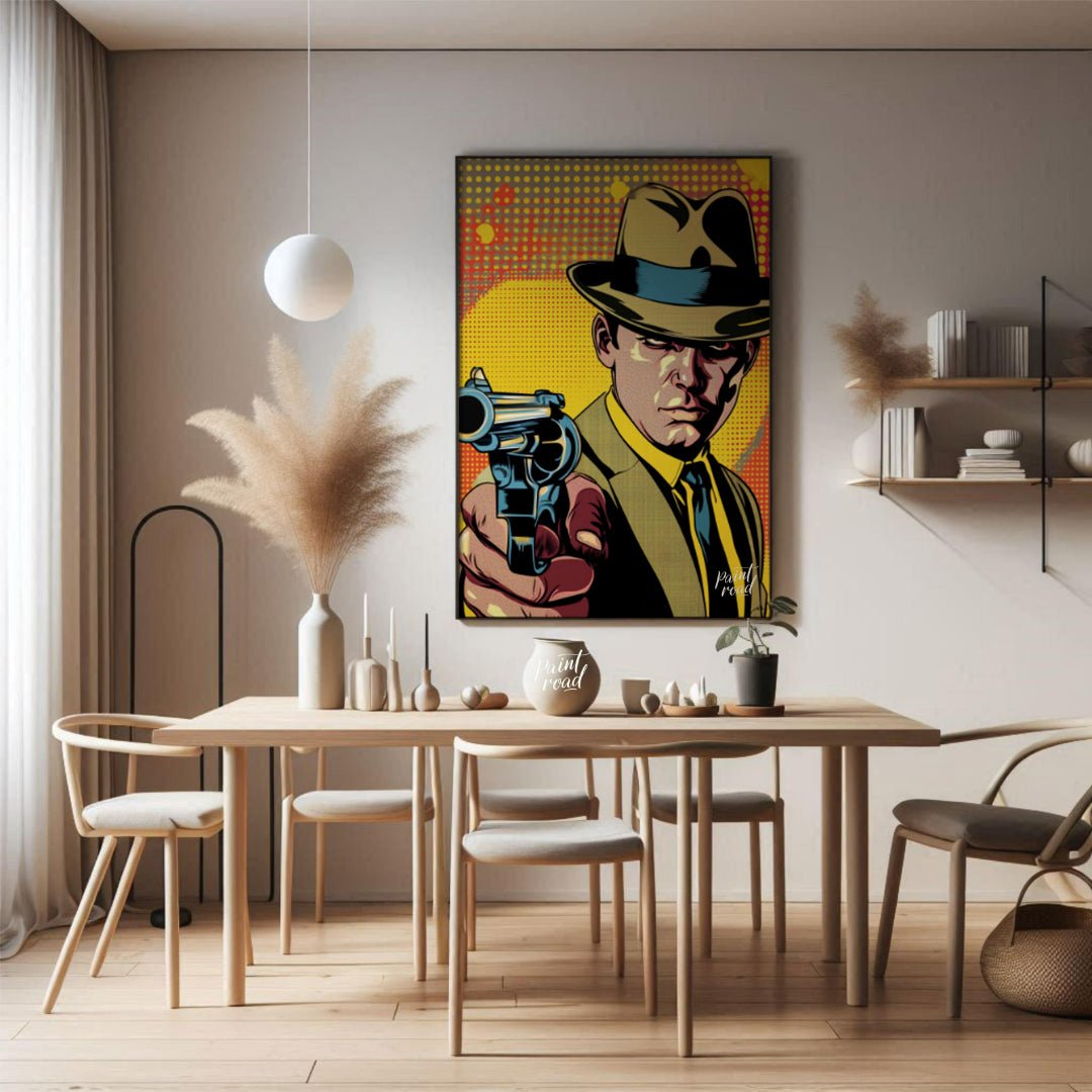 "Pulp Point" presents a stylized illustration reminiscent of classic pulp fiction or comic book art… for dining room