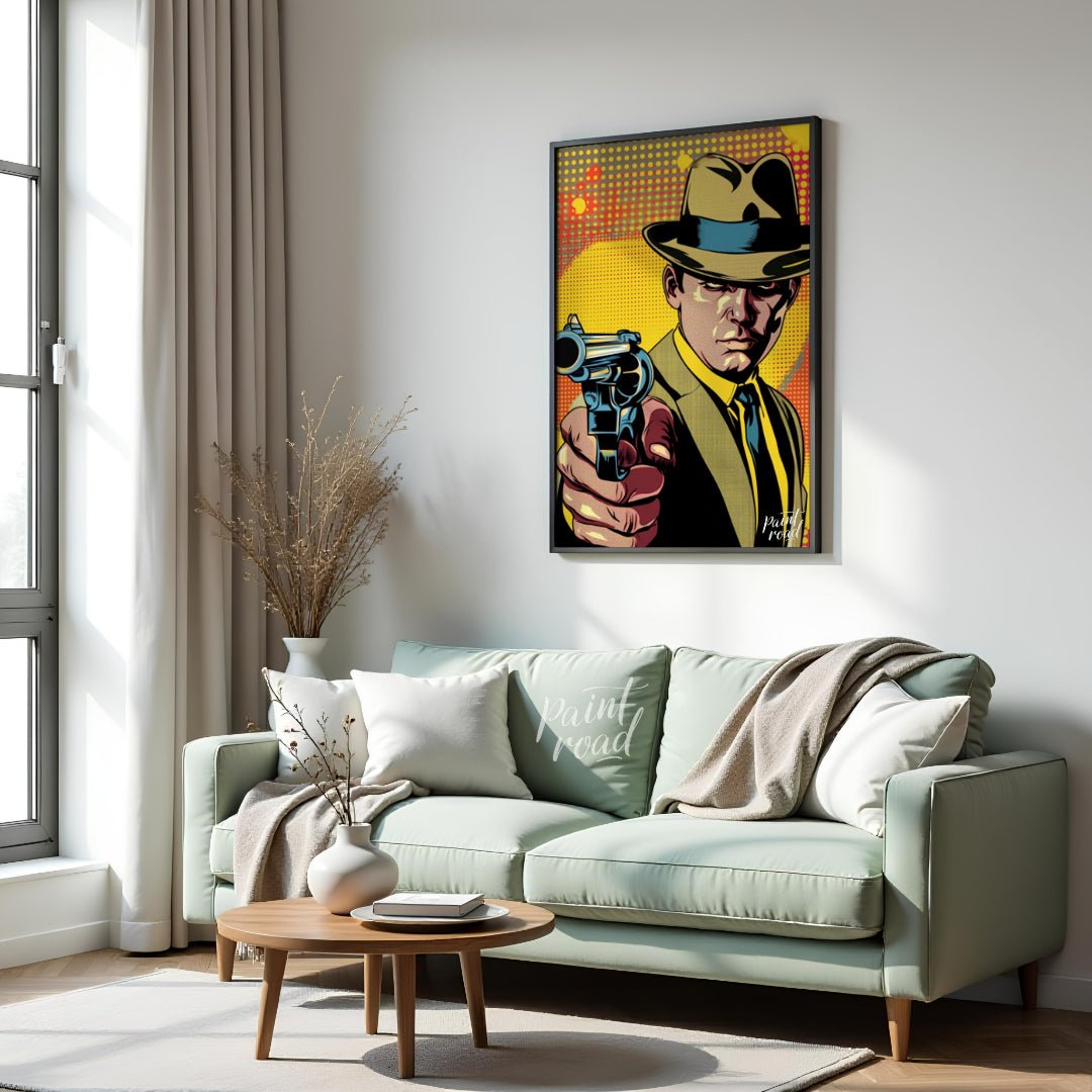 "Pulp Point" presents a stylized illustration reminiscent of classic pulp fiction or comic book art… for living room