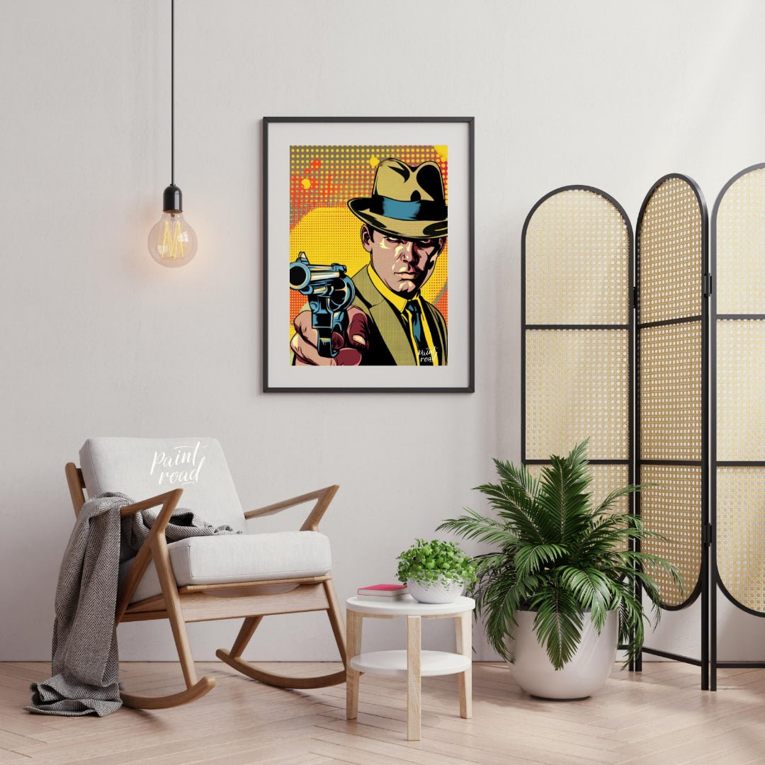"Pulp Point" presents a stylized illustration reminiscent of classic pulp fiction or comic book art… for living room