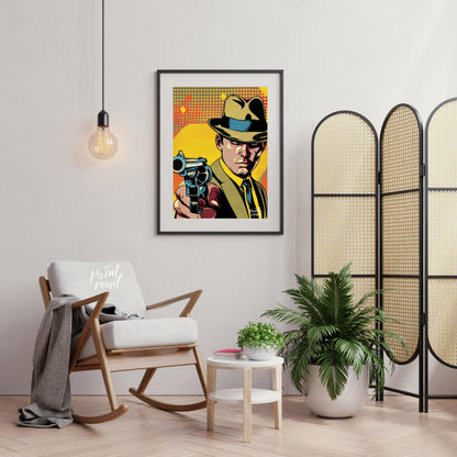 "Pulp Point" presents a stylized illustration reminiscent of classic pulp fiction or comic book art… for living room
