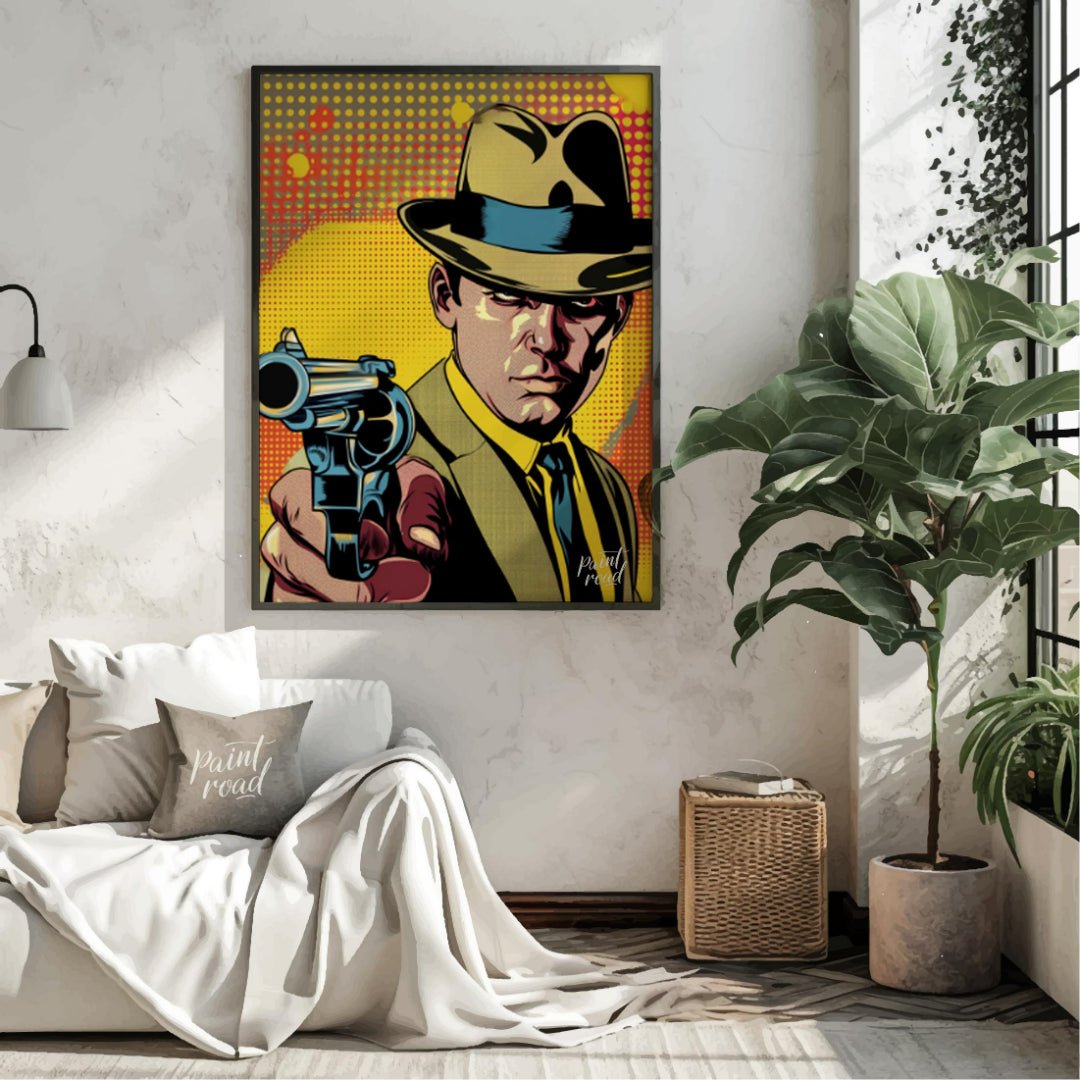 "Pulp Point" presents a stylized illustration reminiscent of classic pulp fiction or comic book art… for living room