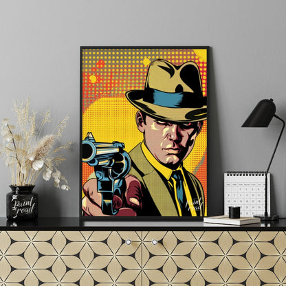 "Pulp Point" presents a stylized illustration reminiscent of classic pulp fiction or comic book art… for office