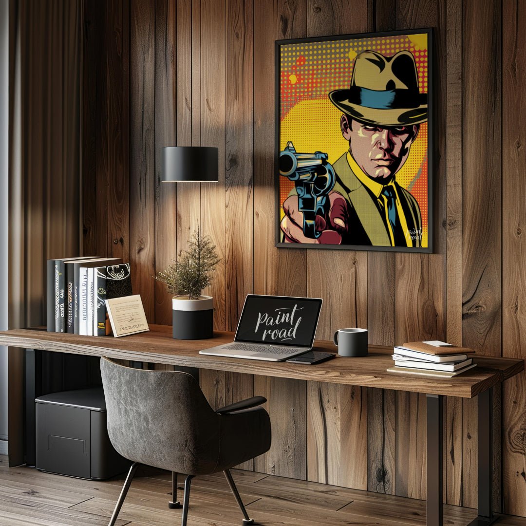 "Pulp Point" presents a stylized illustration reminiscent of classic pulp fiction or comic book art… for office