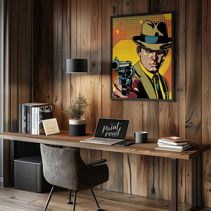 "Pulp Point" presents a stylized illustration reminiscent of classic pulp fiction or comic book art… for office