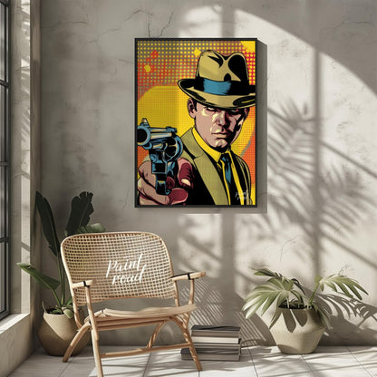 "Pulp Point" presents a stylized illustration reminiscent of classic pulp fiction or comic book art… for other