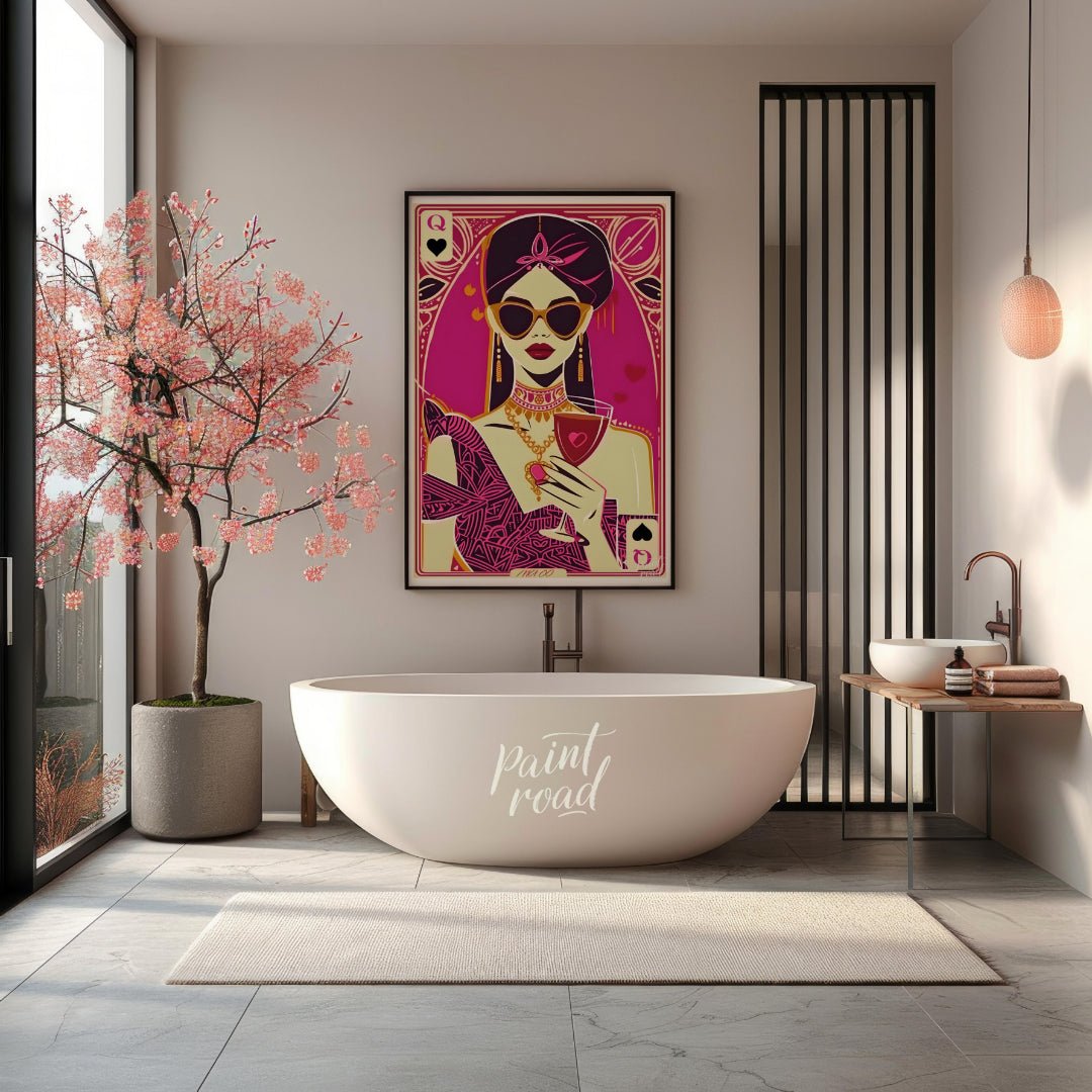 "Queen of Hearts Noir" presents a stylized, graphic illustration of a woman, reminiscent of a playi… for bathroom