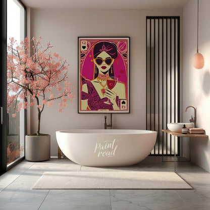 "Queen of Hearts Noir" presents a stylized, graphic illustration of a woman, reminiscent of a playi… for bathroom