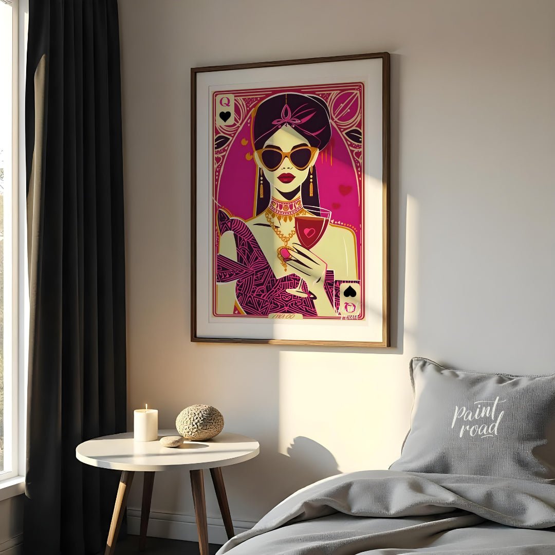 "Queen of Hearts Noir" presents a stylized, graphic illustration of a woman, reminiscent of a playi… for bedroom