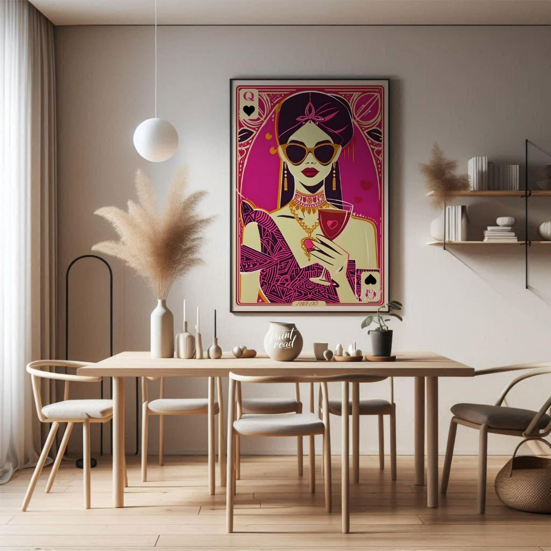 "Queen of Hearts Noir" presents a stylized, graphic illustration of a woman, reminiscent of a playi… for dining room