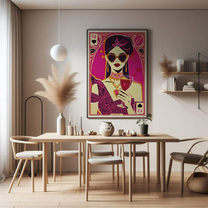 "Queen of Hearts Noir" presents a stylized, graphic illustration of a woman, reminiscent of a playi… for dining room